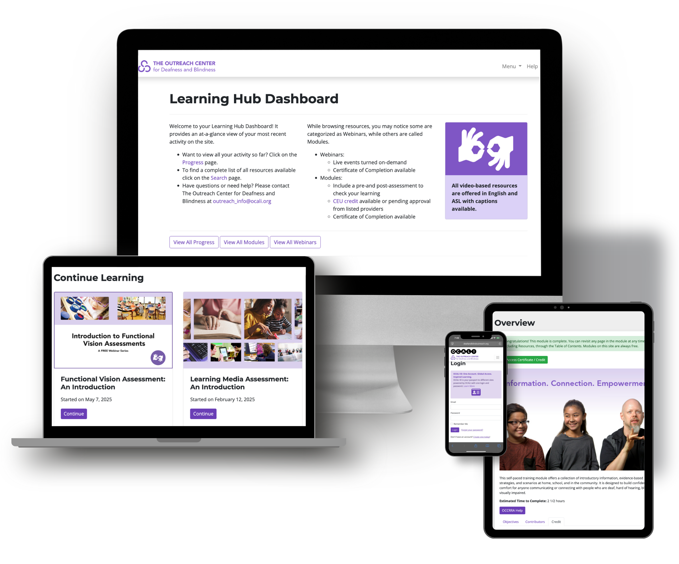Outreach Center Learning Hub shown on a desktop computer, laptop, tablet, and phone