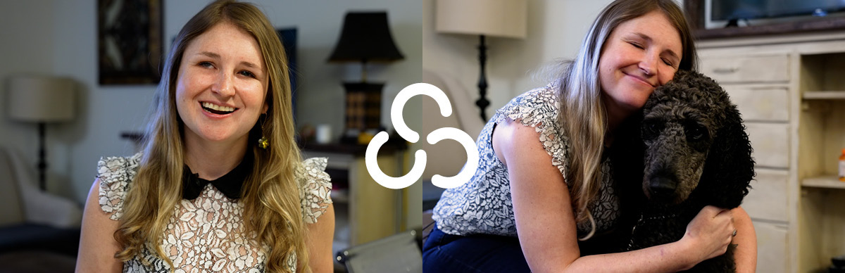 Two photos: one of Michelle smiling, and one with her hugging her guide dog, Tonne.